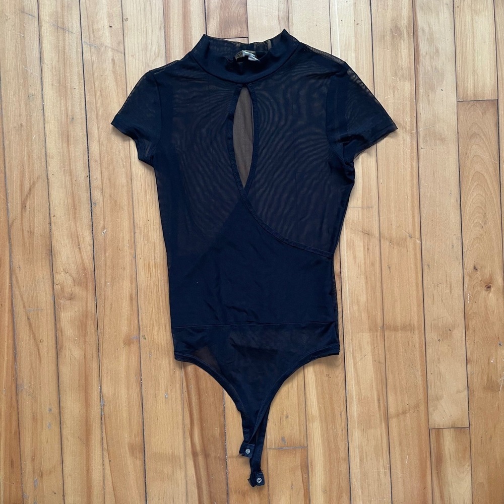 Contenta Black Mesh Mock Neck Cutout Bodysuit Short Sleeve Snap Closure